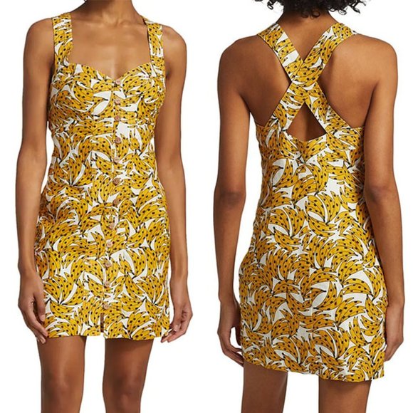 FARM Rio Dresses & Skirts - FARM Rio Cross Back Mini DRESS Size S LINEN White/Yellow Spotted Bananas NEW